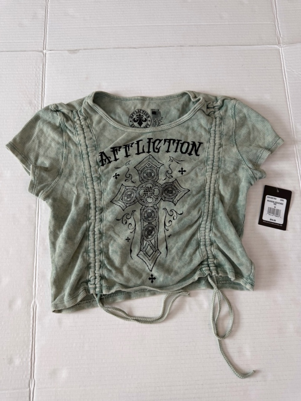 Affliction Sage Green Cropped Graphic Tee with Drawstring